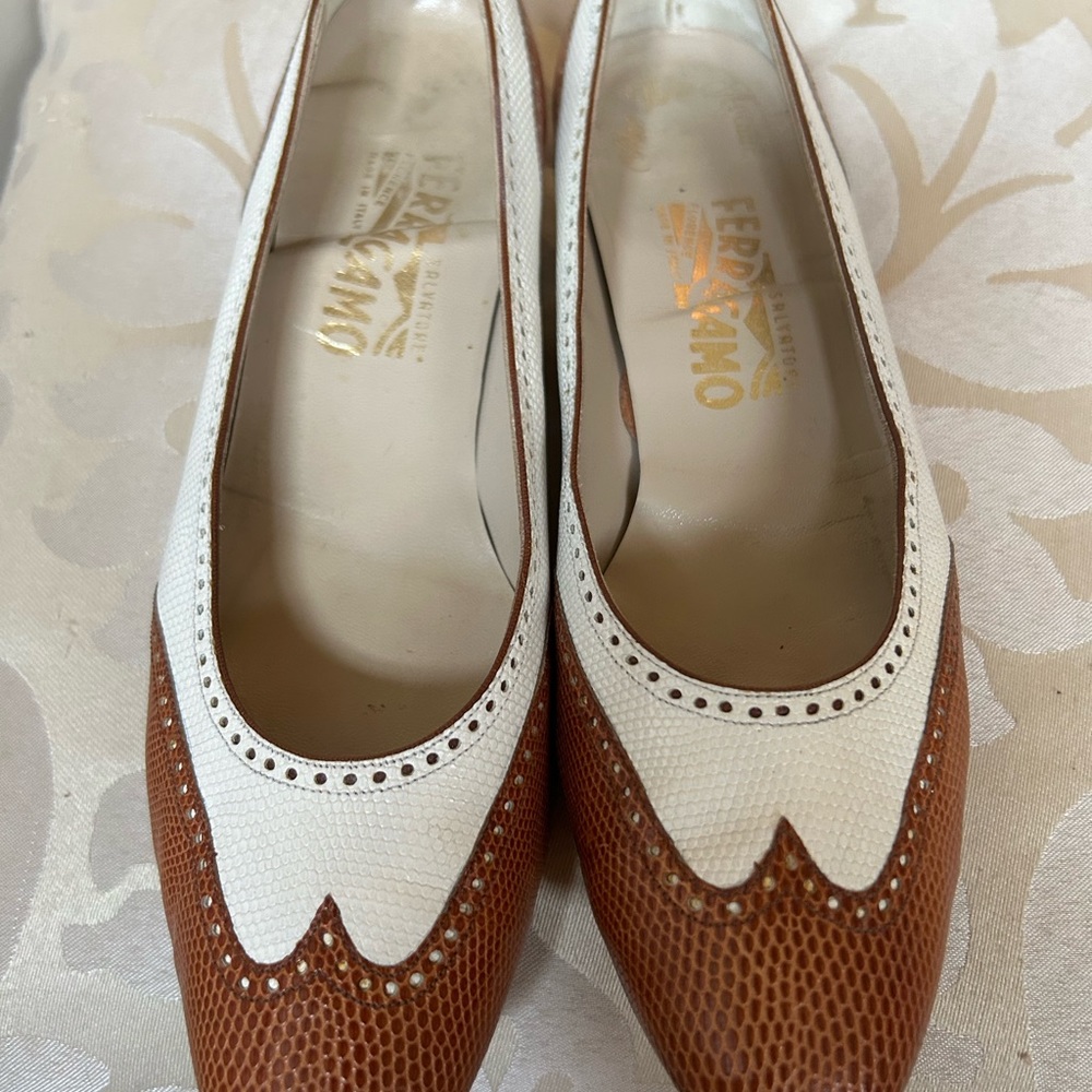 Salvatore Ferragamo Brown and White Leather Pointed Toe Flats